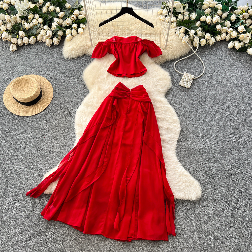 French red 3d floral ribbon two-piece set: women's summer chic slimming tank top and midi skirt commute outfit