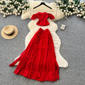 French red 3d floral ribbon two-piece set: women's summer chic slimming tank top and midi skirt commute outfit
