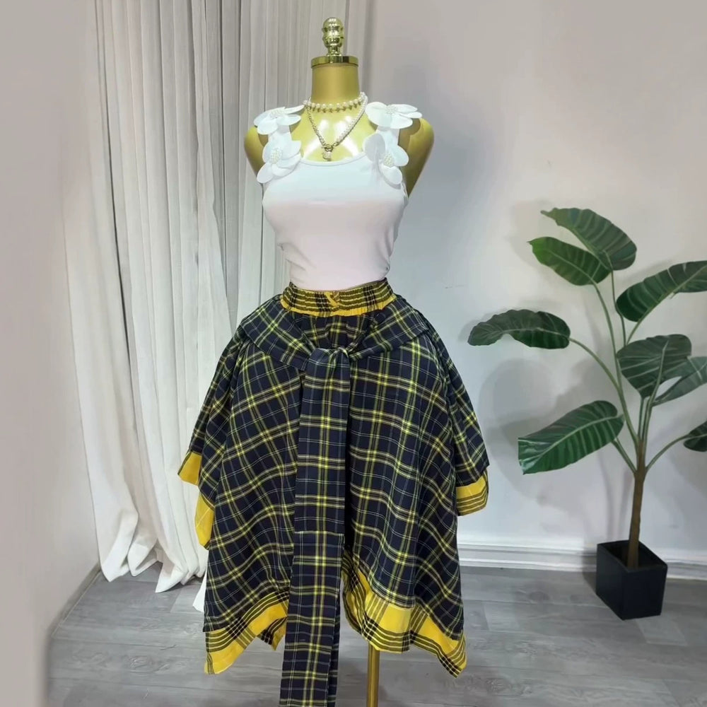 European and american cross-border women's fashion:  summer new arrival - high-waisted plaid tie-up asymmetrical a-line midi skirt