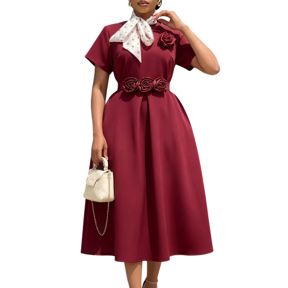 D627 women's foreign trade  summer new round neck short sleeve 3d floral large skirt elegant african dress