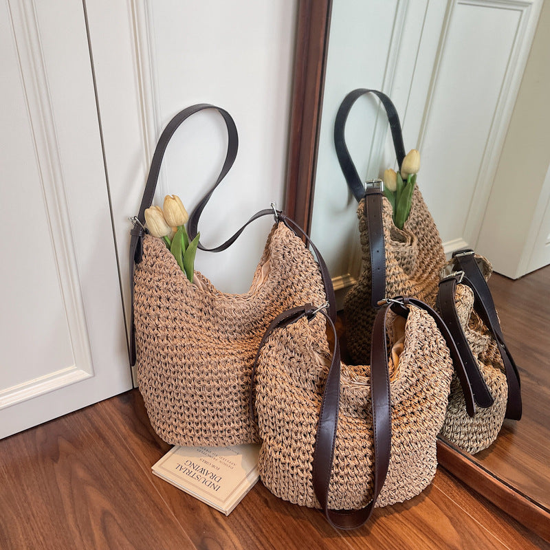 Cross-border pastoral woven tote bag women's 2025 new summer versatile straw woven bag large-capacity messenger bag