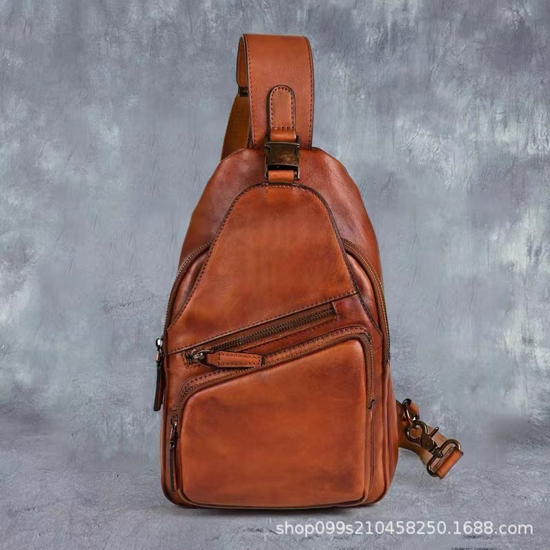Retro hand-rubbed vegetable-tanned cowhide chest bag men's genuine leather crossbody bag casual shoulder crossbody bag soft leather bag