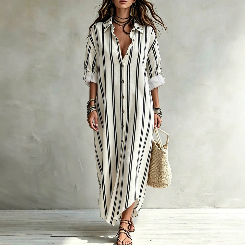 Exportplus sizelazy style shirt skirtcontrast colorvertical stripesrollablelong sleevesloose flesh-coveringlongbeach sun protection