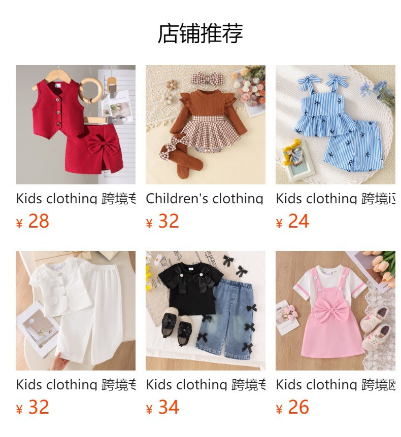 Children's clothing cross-border european and american girls bow pink vest + pants two-piece set
