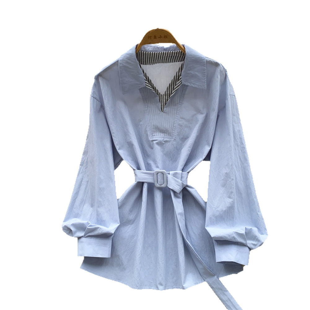 Korean style commute-friendly, skin-friendly & breathable yellow shirtdress - women's long sleeve tie-waist slimming design top