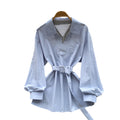 Korean style commute-friendly, skin-friendly & breathable yellow shirtdress - women's long sleeve tie-waist slimming design top