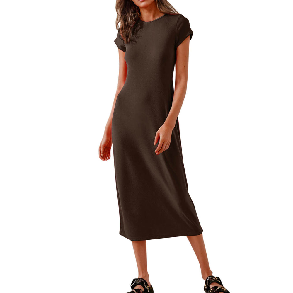 cross-border women's casual slim-fit crew neck short sleeve solid color maxi dress