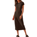 cross-border women's casual slim-fit crew neck short sleeve solid color maxi dress
