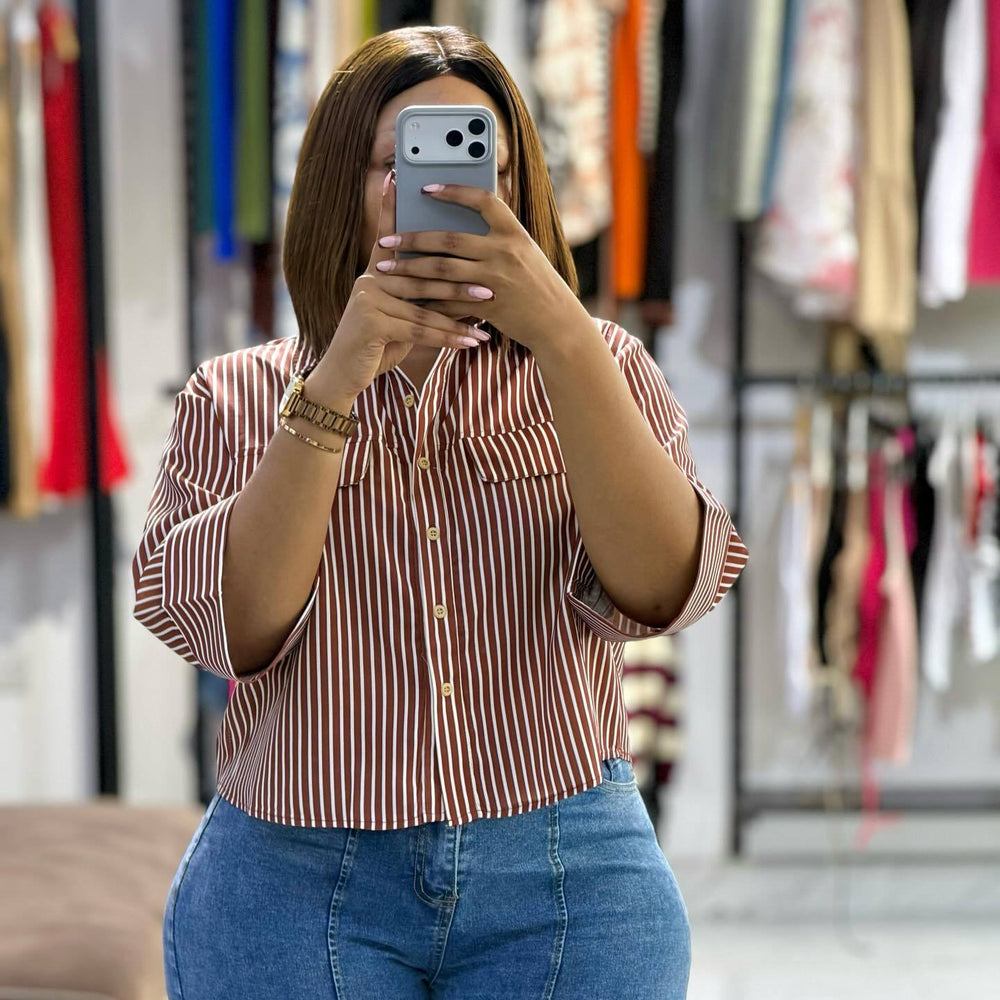 European and american cross-border women's fashion:  summer new arrival - stylish and elegant loose-fit turn-down collar design short striped blouse