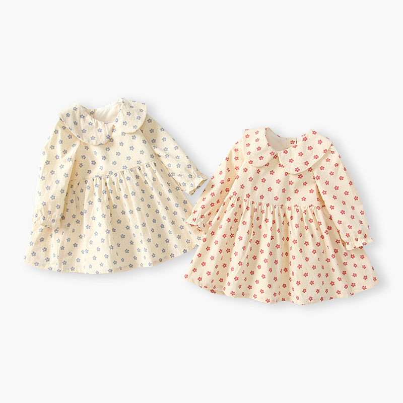 Girls' autumn dress: stylish princess dress for baby girls, fashionable long-sleeved floral print with turn-down collar, new spring and autumn collection