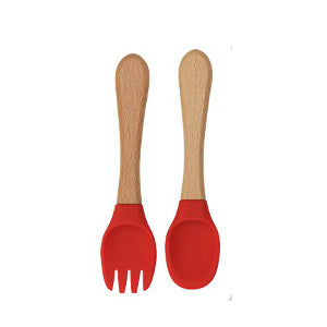 Factory direct sales silicone wooden handle complementary food fork and spoon  baby spoon baby training eating fork and spoon set wholesale