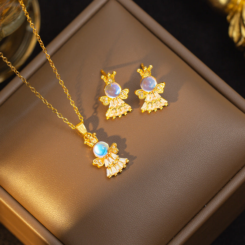 【titanium steel】necklace women's crown angel princess pendant earrings elegant light luxury set versatile clavicle chain jewelry