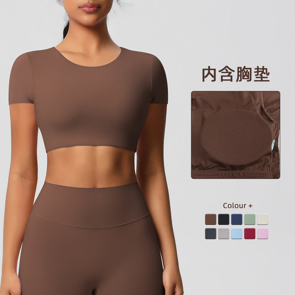 Ready-to-ship, cross-border, double-sided brushed, built-in bra, form-fitting, short-sleeve yoga top, pilates, running, and workout t-shirt for women