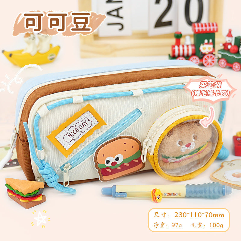 2025 Pain bag pencil bag New girls niche cute high-value burger Large capacity stationery box DIY stationery bag