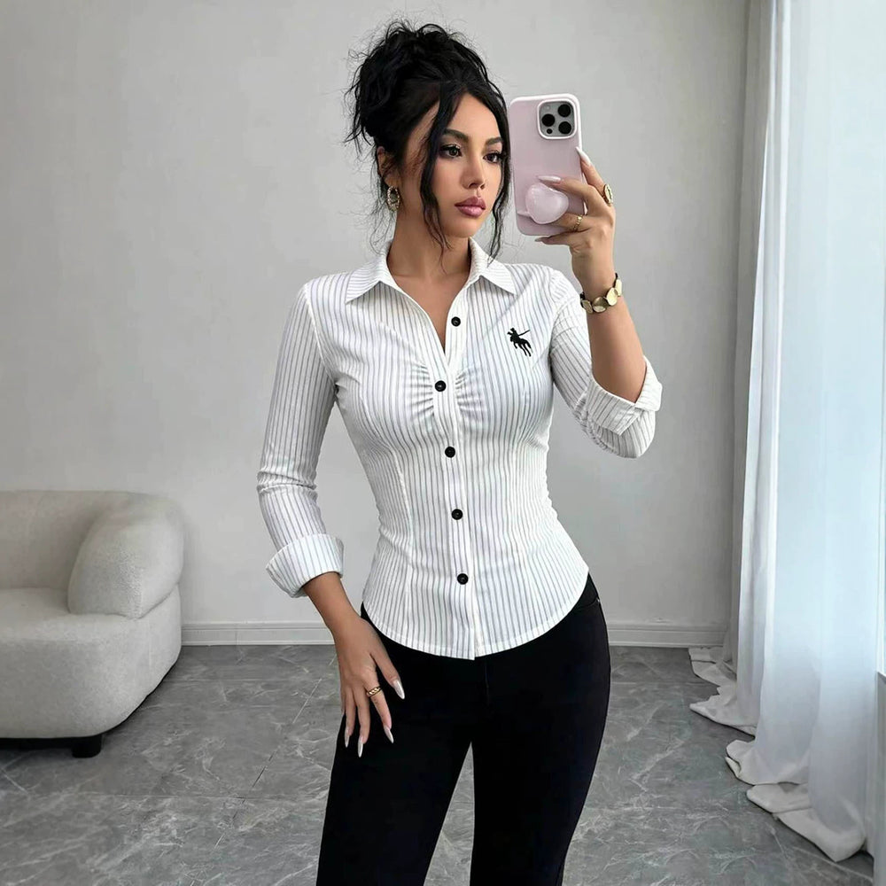 Fashion  workplace elastic stripesshirt pony logo embroider waist pleated long sleeveswork clothingsilm small