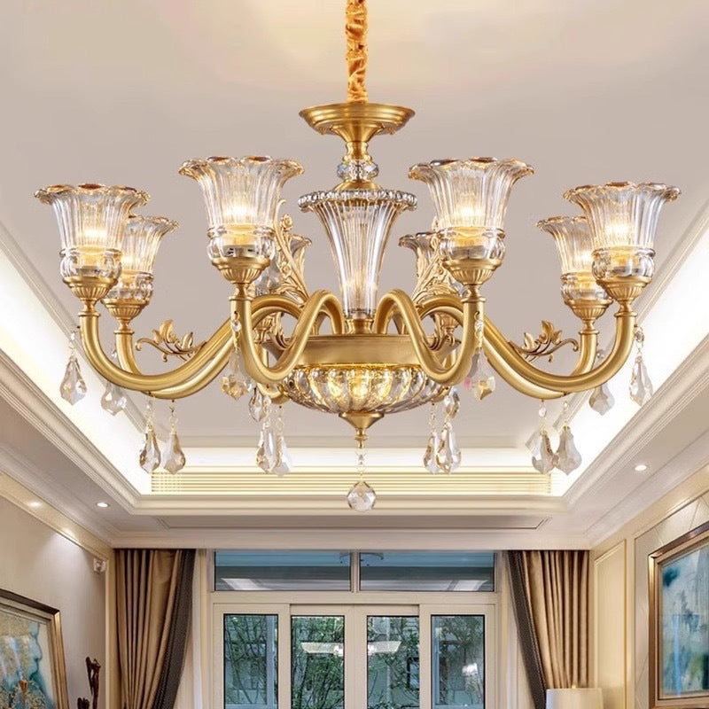 European crystal all-copper chandelier villa atmosphere living room dining room light duplex floor room American lighting light luxury chandelier