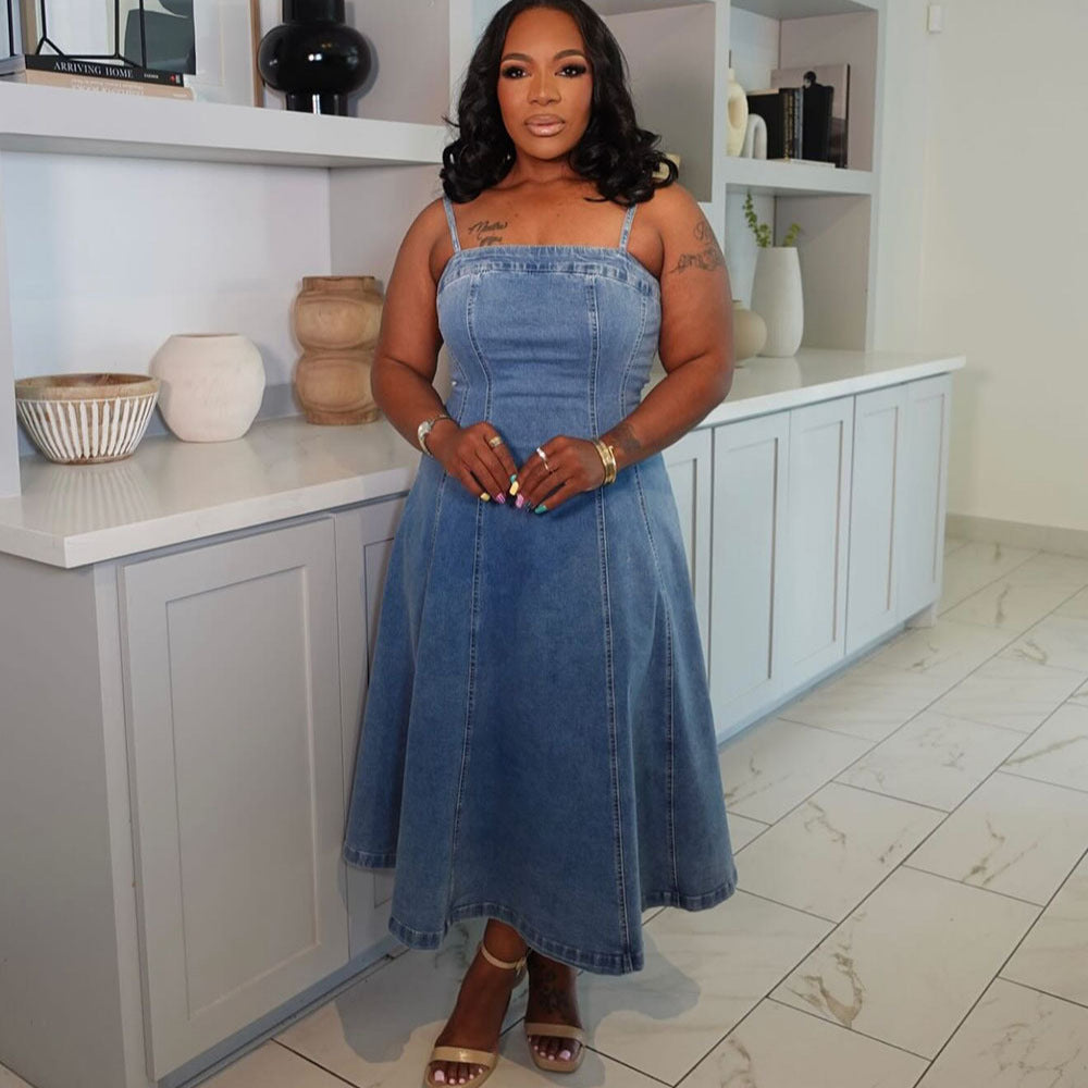European and american style women's denim dress - new fashionable and sexy backless suspender maxi dress -  cross-border sourcing