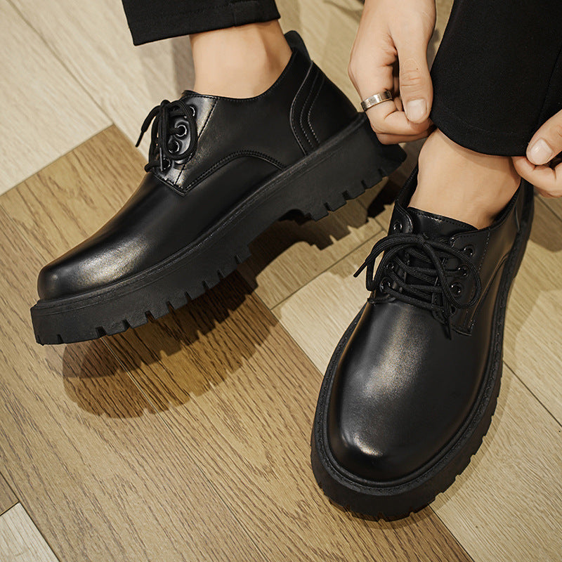 Autumn new men's casual leather shoes, retro work boots, lace-up soft sole breathable height increasing chunky sole oxfords