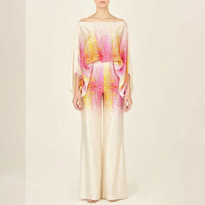 cross-border e-commerce european and american women's clothing: new summer collection - printed off-the-shoulder loose batwing sleeve wide-leg pants set