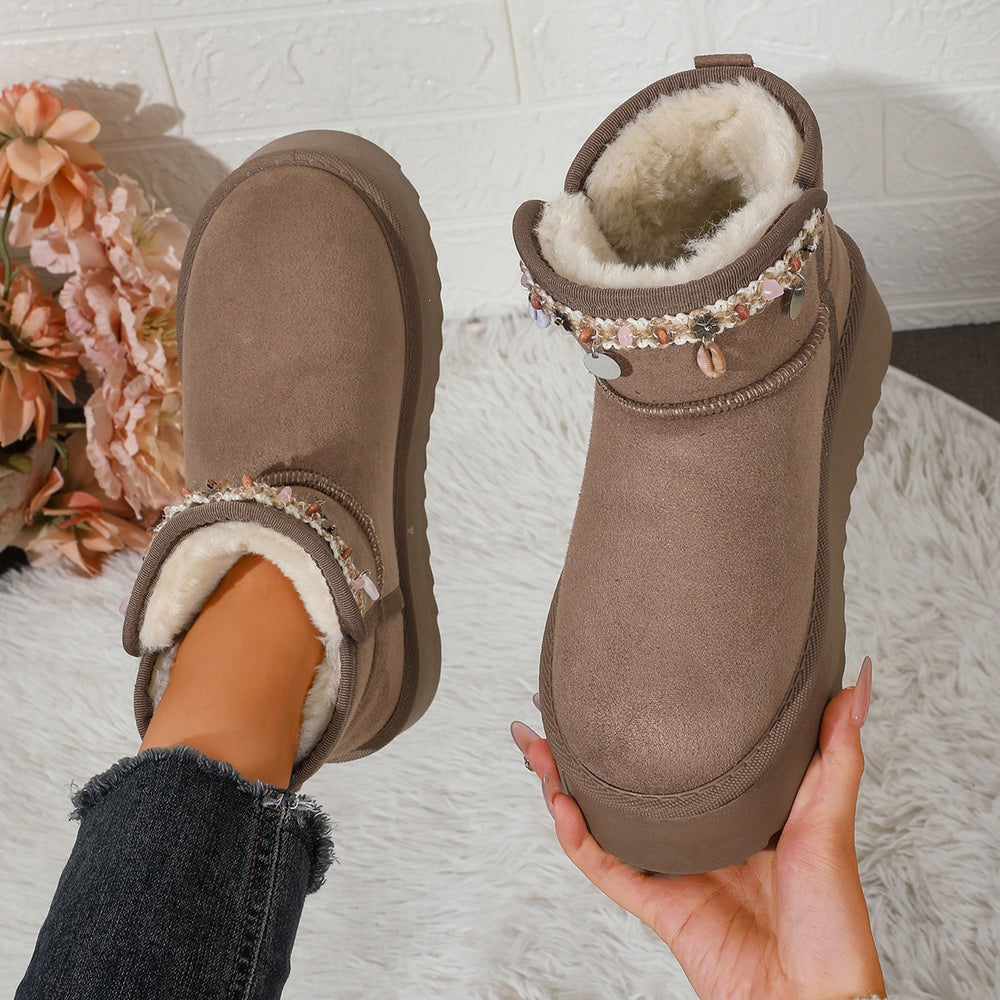 fleece-linedthickenedheattech snow boots for women fall and winternew arrival ethnic style pendant thick sole fur all-in-one non-slip shoes