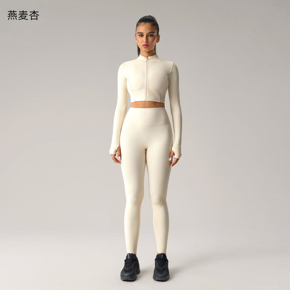 Fashion cross-border nude long sleeves yoga fitness suit women's back sports intimateshigh waist hip lifting tight nine-point pants