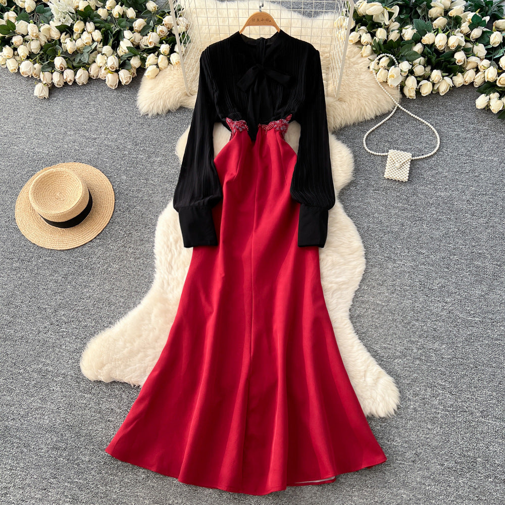 Light mature style bows strappy lantern sleeve tops high waist a-line skirt women's work clothingeleganttwo-piece setclassy sense