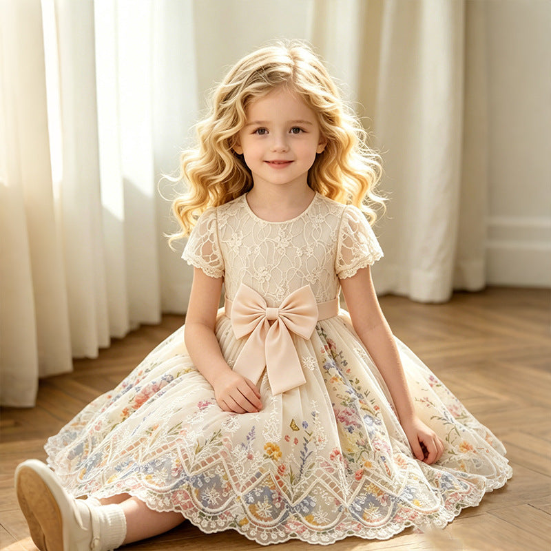 Girls' dress - vacation style, in stock,  new arrival: chic, sweet, french-inspired floral print lace patchwork princess dress