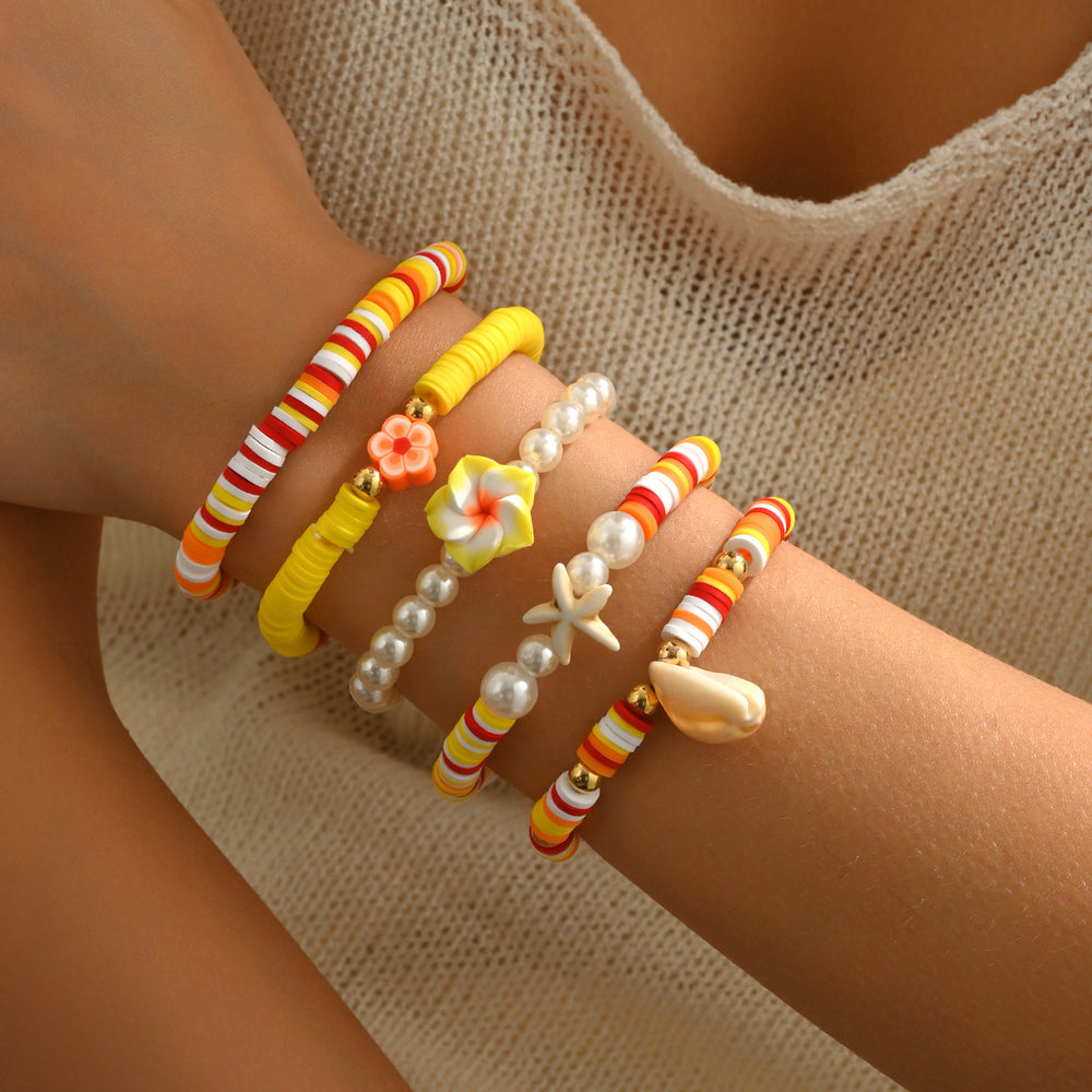 Wholesale colorful polymer clay bracelet set - european & american style, ocean-inspired seashell design, bohemian starfish & conch bracelets for women