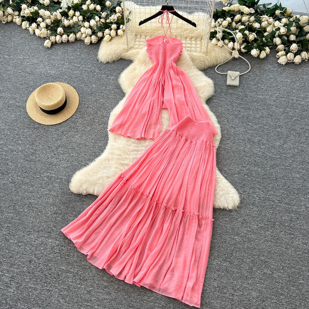 Pure desire hot girl vacation outfit women's summer sense of design asymmetrical halter suspender slit topshigh waist skirt