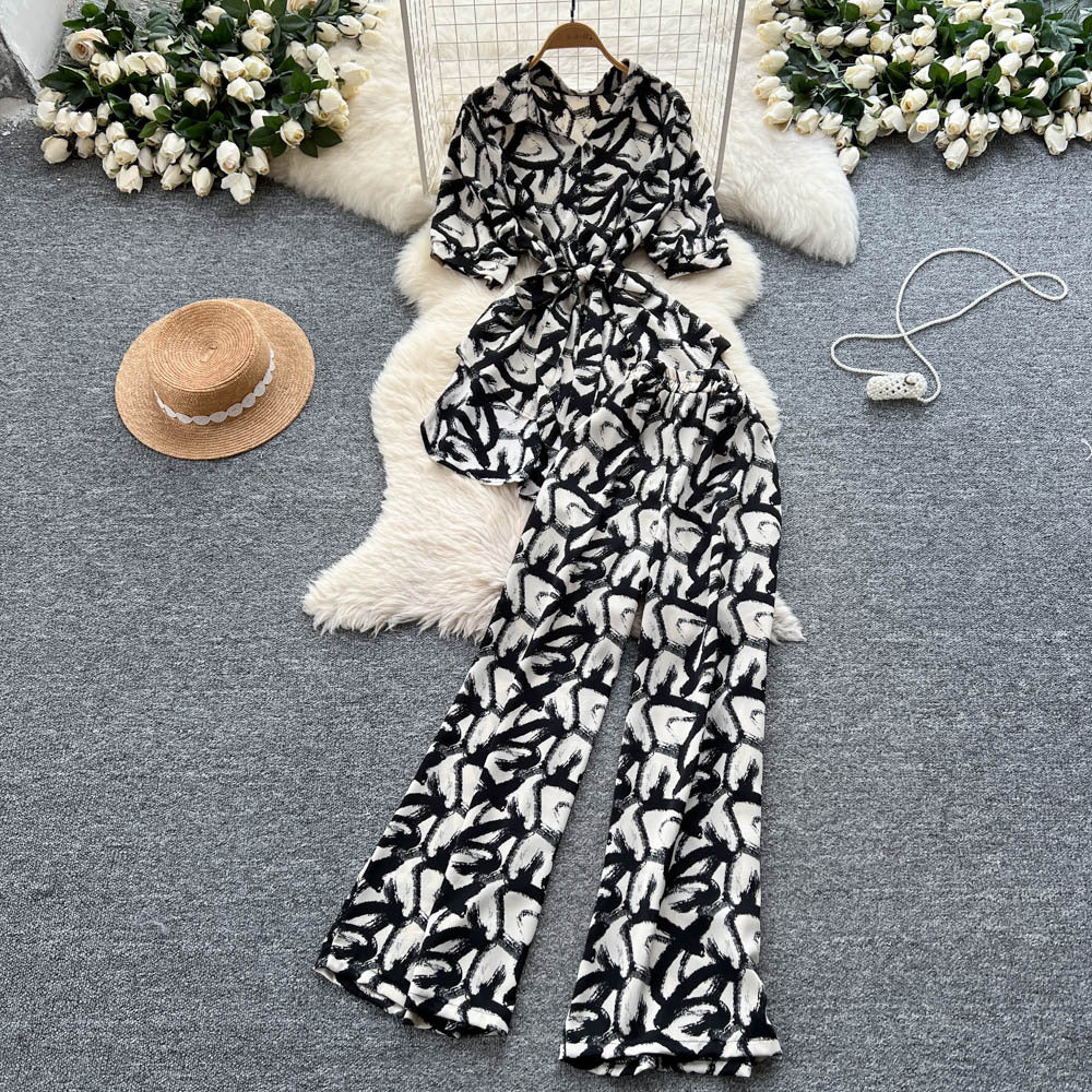 European style fashion print set - women's summer chic: tie-waist asymmetrical blouse & high-waisted wide-leg straight pants