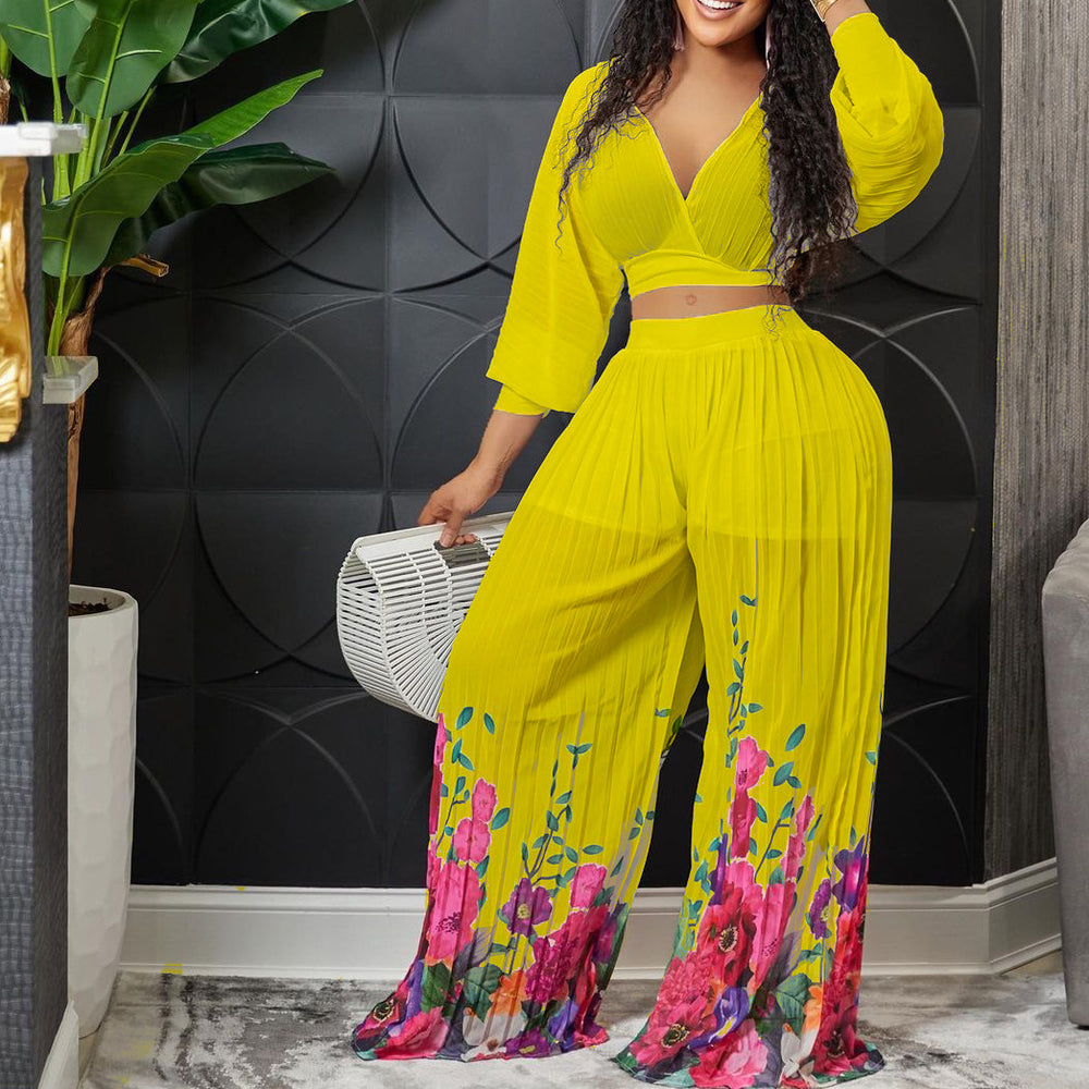 Q094 independent station spring new arrivalfashionelegantv neck bat sleeve chiffon tops high waistloose pants african suit