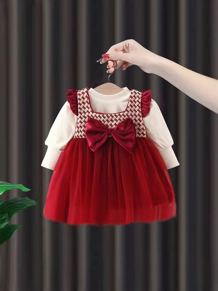 Girls' red bowknot dress - new spring/autumn style, faux two-piece, patchwork long sleeve, fashionable and cute princess dress - clearance sale!