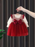 Girls' red bowknot dress - new spring/autumn style, faux two-piece, patchwork long sleeve, fashionable and cute princess dress - clearance sale!