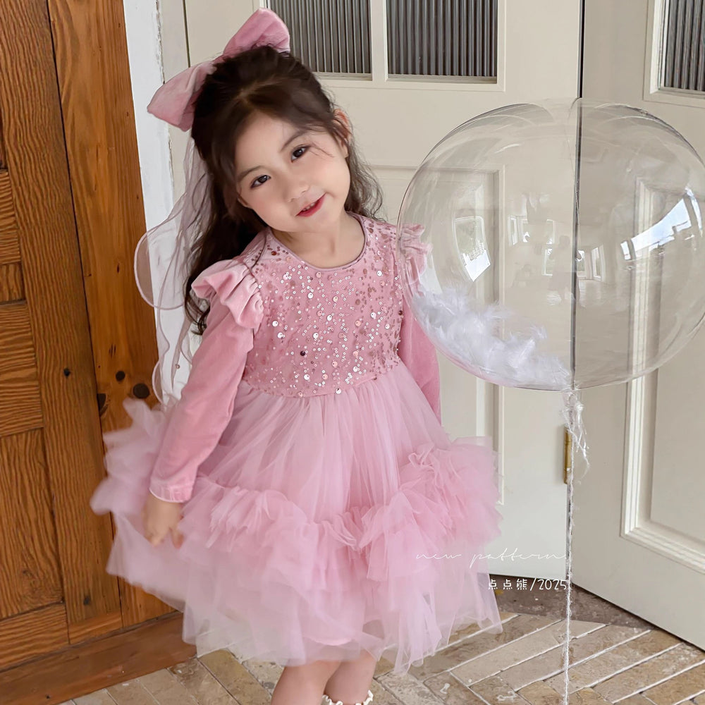 Girls' autumn dress new arrivals : stylish and cute puff sleeve sequin mesh tiered cake dress for little girls