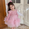 Girls' autumn dress new arrivals : stylish and cute puff sleeve sequin mesh tiered cake dress for little girls