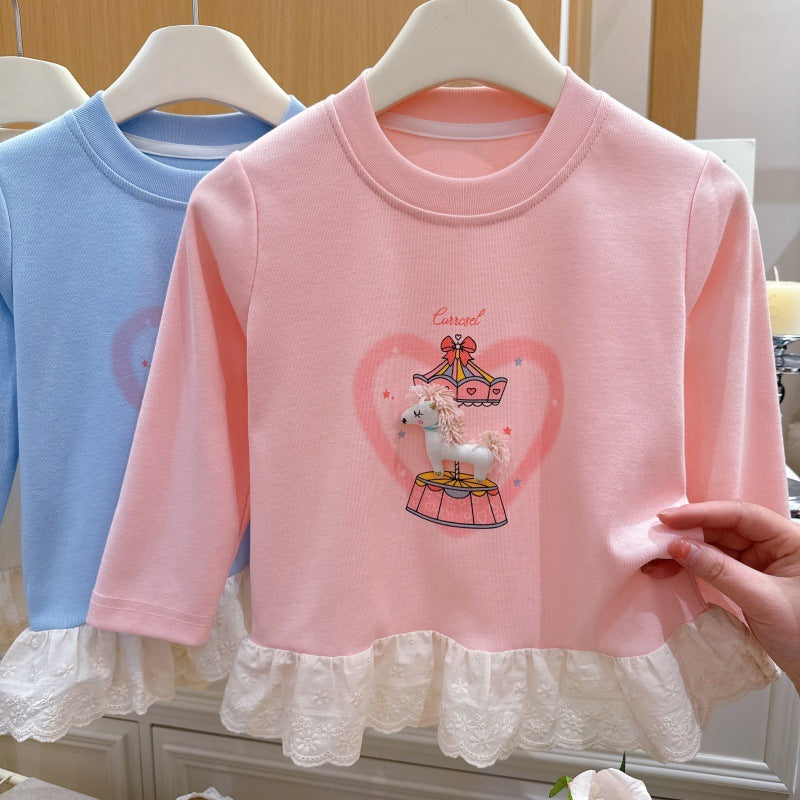 Springnew arrivalgirlk-style bottom sweatshirt baby girl kidsoutwear cartoon t-shirtlong sleevestops children's clothing