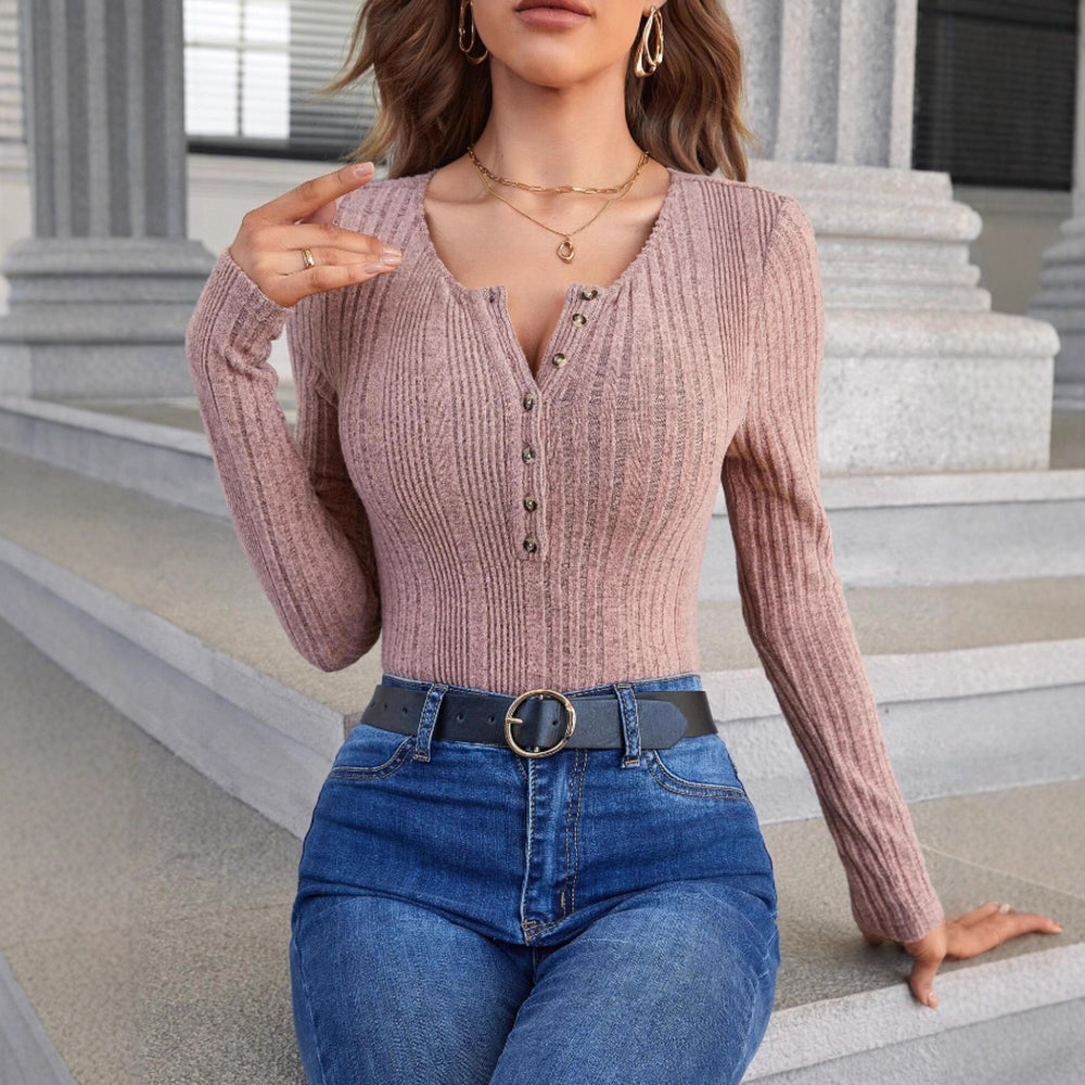 High-stretch long sleeve t-shirt - striped henley top with button detail, autumn/winter elegant casual shirt
