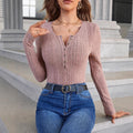 Custom high-stretch long sleeve t-shirt with striped henley neck and button detail – elegant and casual autumn/winter top