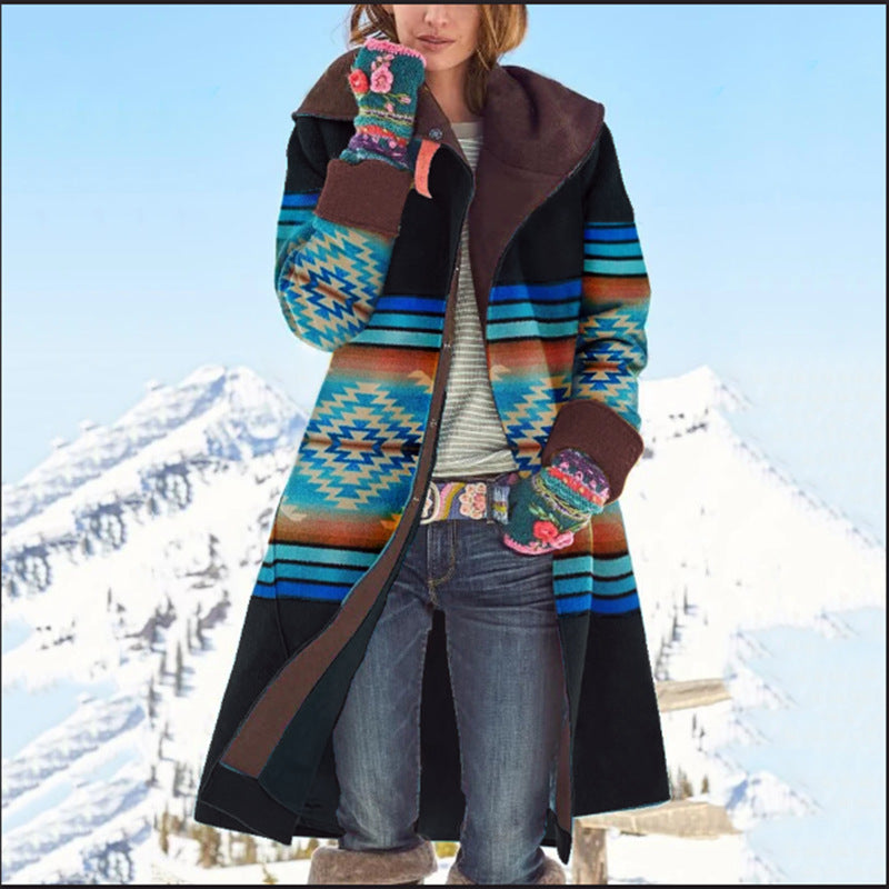 fall/winter new european and american style women's outerwear - -ready mid-length printed top, long sleeve dragon and phoenix wool blend coat