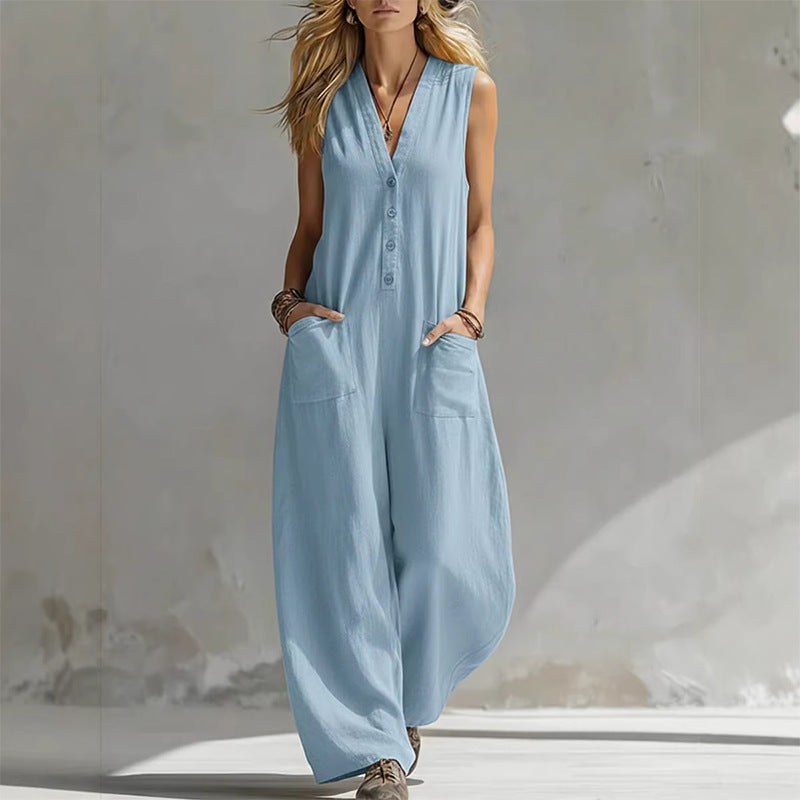 summer new arrivals: european & american style women's fashion - casual, loose-fit, solid color button-up jumpsuit