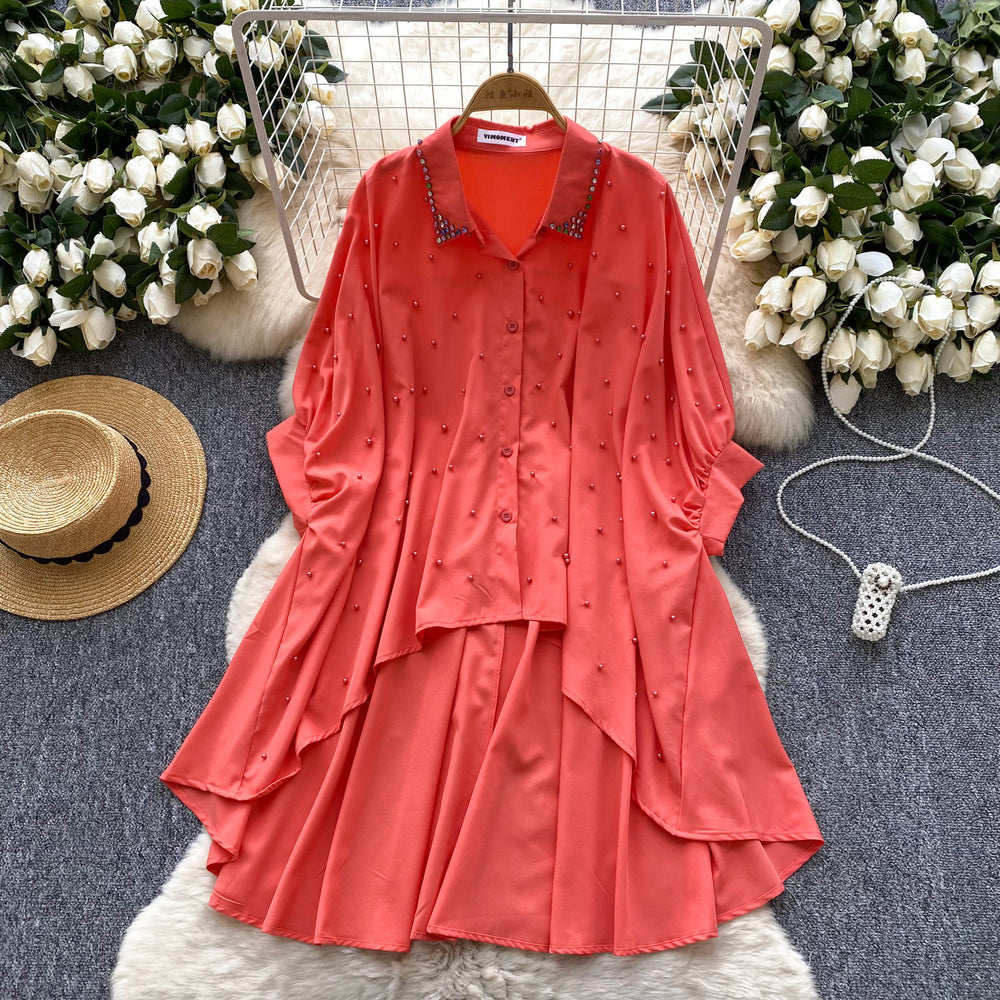 European and american design irregular shirt for women, rhinestone and beaded single-breasted batwing sleeve loose fit mid-length top