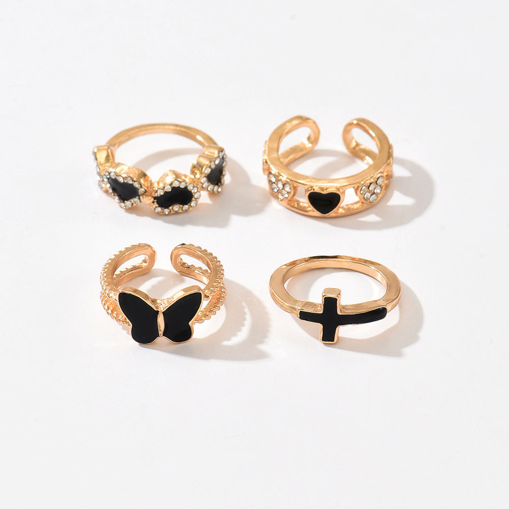 Wholesale heart ring set - european & american niche style, unique jewelry, black butterfly enamel cross, sweet & cool ring set