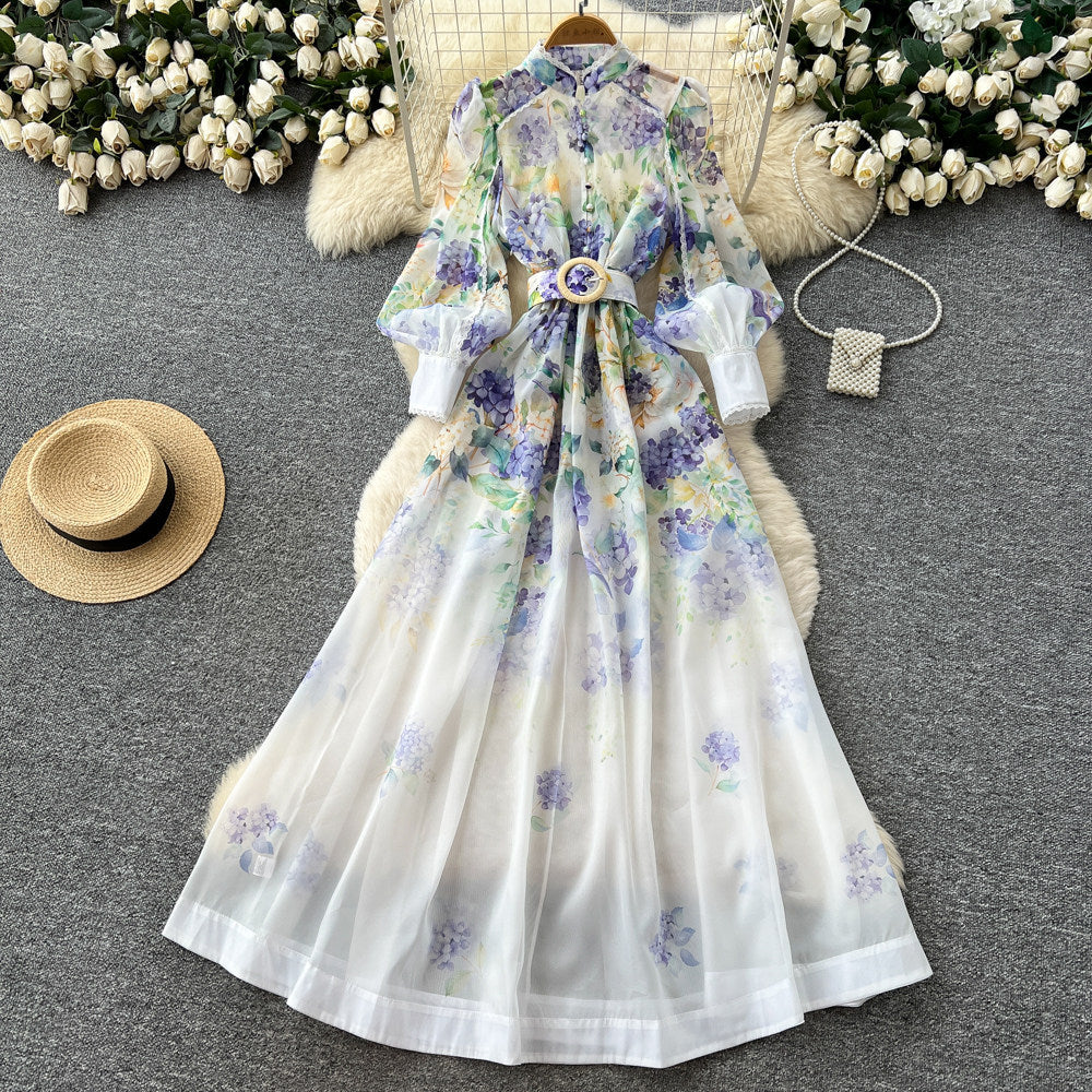 French chic lace trim floral print dress - women's stand collar long sleeve cinched waist tie a-line maxi dress - perfect for work