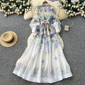 French chic lace trim floral print dress - women's stand collar long sleeve cinched waist tie a-line maxi dress - perfect for work
