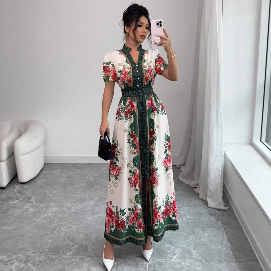 Vintage court style v-neck lantern sleeve printed dress - women's early spring korean style long sleeve cinched waist slimming a-line maxi dress
