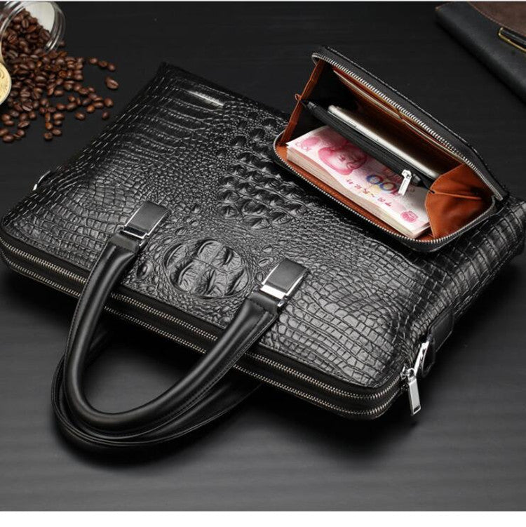 New men's bag crocodile pattern double pull handbag men's business briefcase fashion oblique span shoulder computer bag