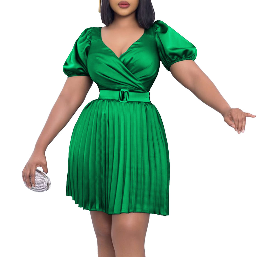 D3227  independent station cross-border fashion women's summer new v-neck waist pleated european and american dress