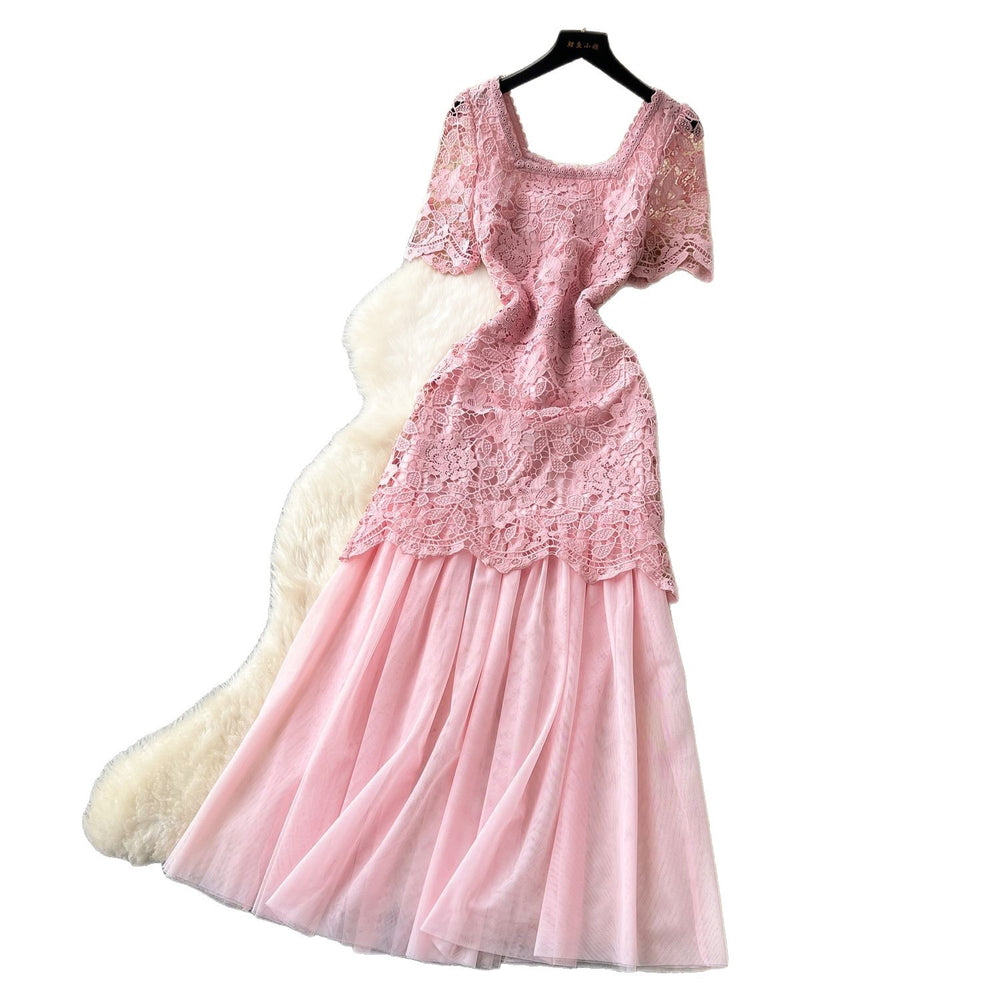 Frenchromantic atmosphere square neck dress female summer mesh embroiderpatchworksense of design royal sister elegant long skirt