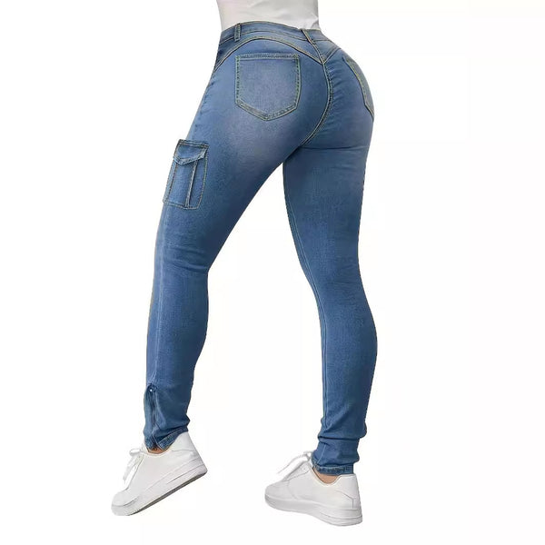 wish European and American jeans, tight tooling pocket pants, double-sided zipper denim trousers for women