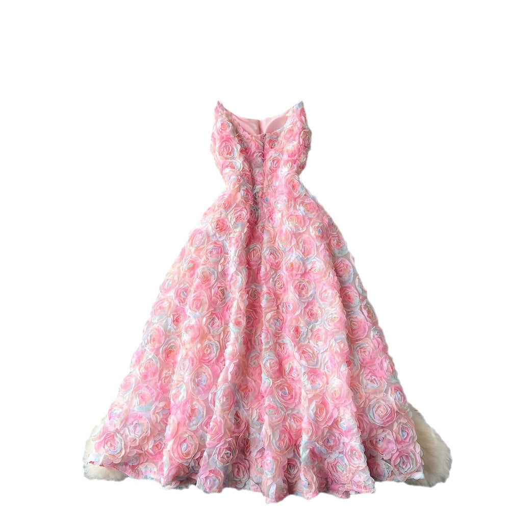 High-end evening gown for women: exquisite rose embellishments, cinched waist, and spaghetti straps - perfect for dinner parties and special occasions